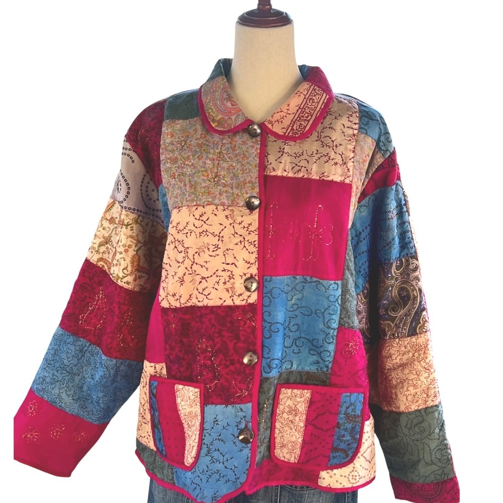 Tantrums Collection Silk Patchwork Jacket XL Multi-Color Boho Beaded Buttons